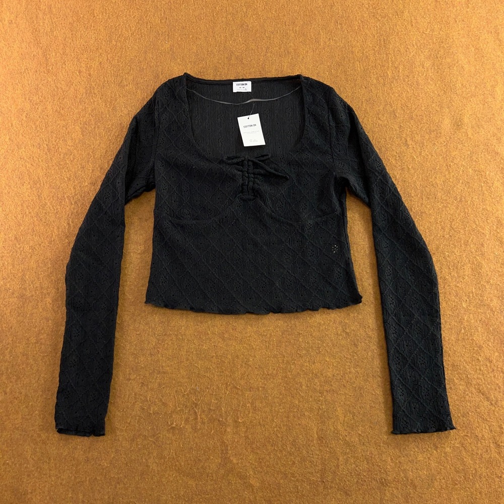 Cotton On Womens Medium Black Briony Pointelle Knit Long Sleeve Crop Top NWT